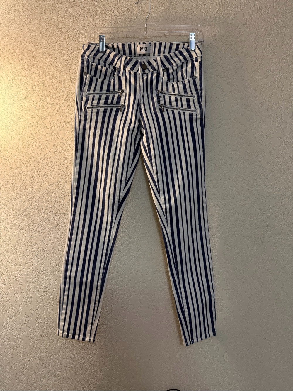 PAIGE Navy and White Vertical Stripe Skinny Jeans